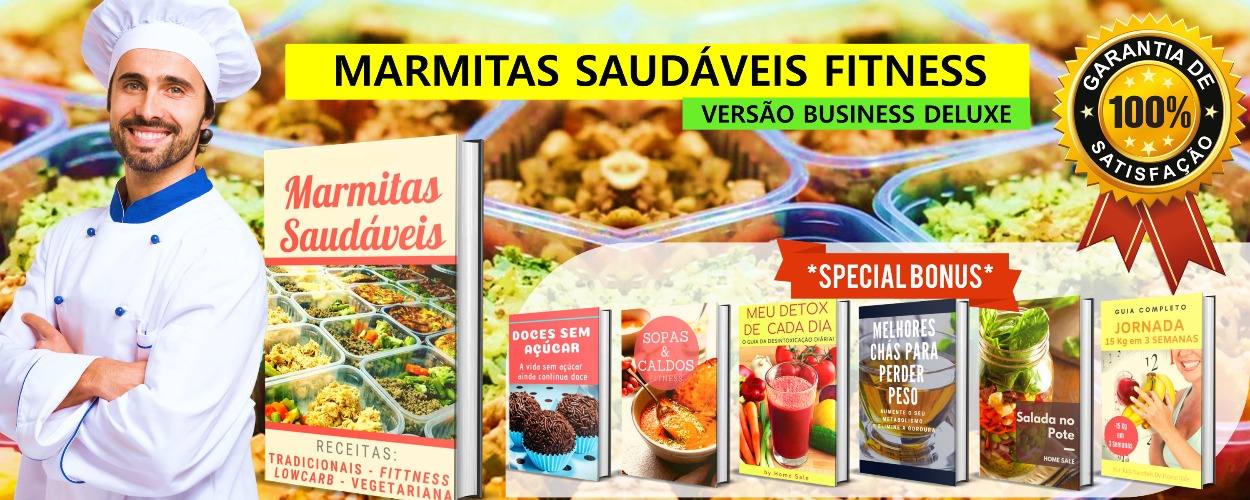 Capa oficial do curso Marmitas Saudáveis Fitness Versão Business Deluxe, mostrando o e-book principal ao lado dos cinco e-books bônus